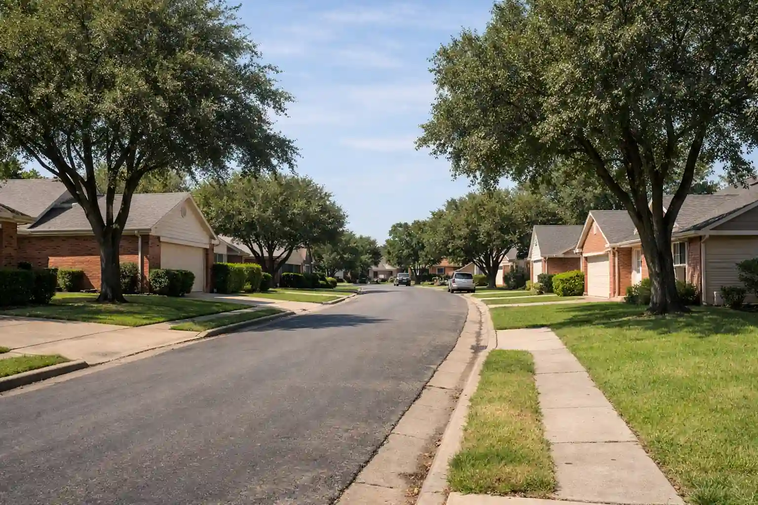 A quiet residential street lined with single-family homes, parked cars, and mature trees under a clear blue sky.
