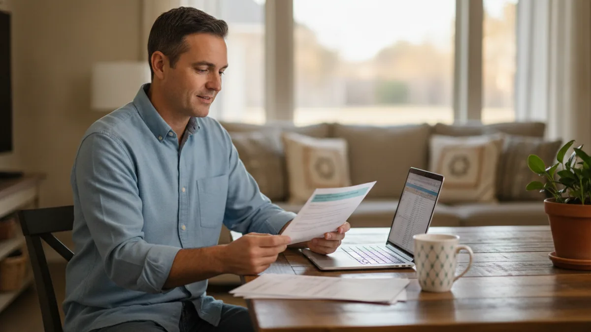 A Texas homeowner reviews a property tax notice at the kitchen table next to a laptop.